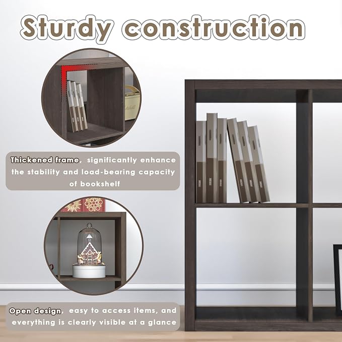 Endearing Limons【2026 Wooden Thick Border 4 Cube Shelf Storage Organizer with Anti-Tipping Kits + Reversible Open Back Bookcase (11 * 11 Unit Cell Chocolate)