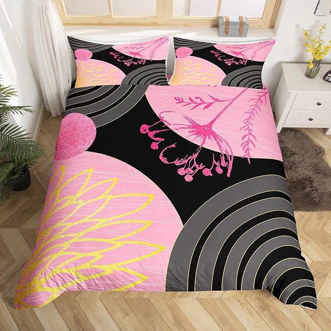 Erosebridal Boho Mid Century Duvet Cover Toddler Size for Women Men Adults |Pink and Black Modern Comforter Cover Minimalist Geometric Bedding Set Aesthetic Modern Abstract Bed Set