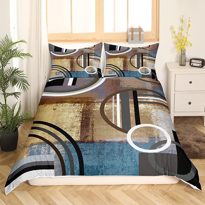 Retro Geometric Duvet Cover Twin,Vintage Grunge Style Comforter Cover,Brown Black Blue Grey Bedding Set,Abstract Oil Painting Style Quilt Cover,Swirls Stripes Bed Cover with 1 Pillow Case