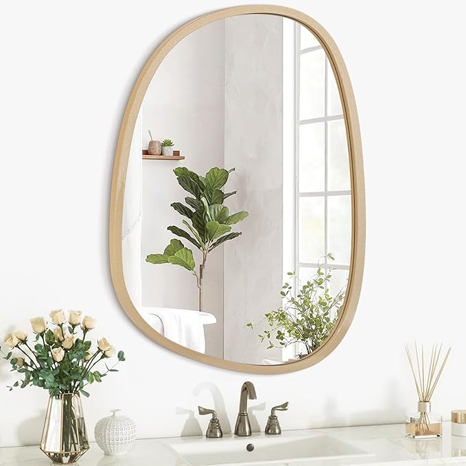 Irregular Wall Mirror Gold Asymmetrical Bathroom Mirror Oval Wood Framed Modern Wall Mounted Decorative Mirrors for Wall Home Vanity Bedroom Living Room Entryway Hallway Small 16"x12"