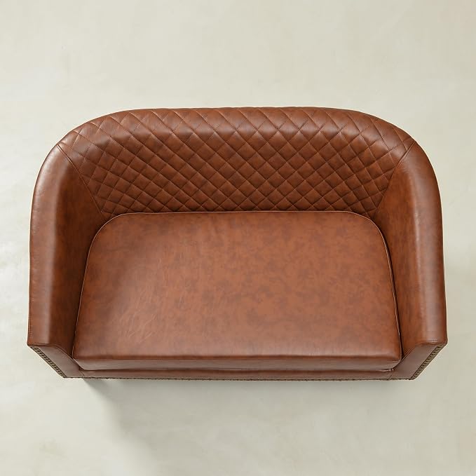 KINWELL 50" Faux Leather Loveseat Sofa with 2 Swivel Barrel Chairs, Brown | for Small Spaces