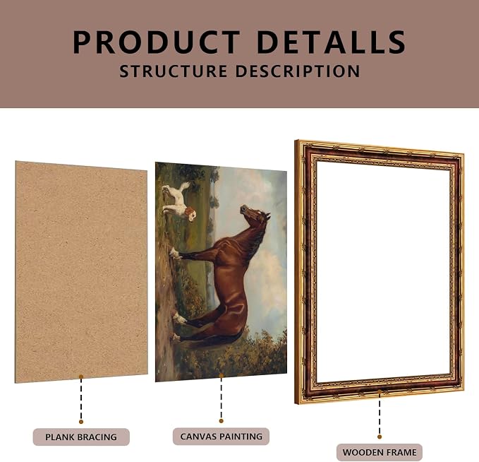 Vintage Horse and Dog Wall Art with Gold Antique Frame, Classic Western Farmhouse Painting Print, Rustic Country Home Decor Picture Wall Art 16×24 Inch