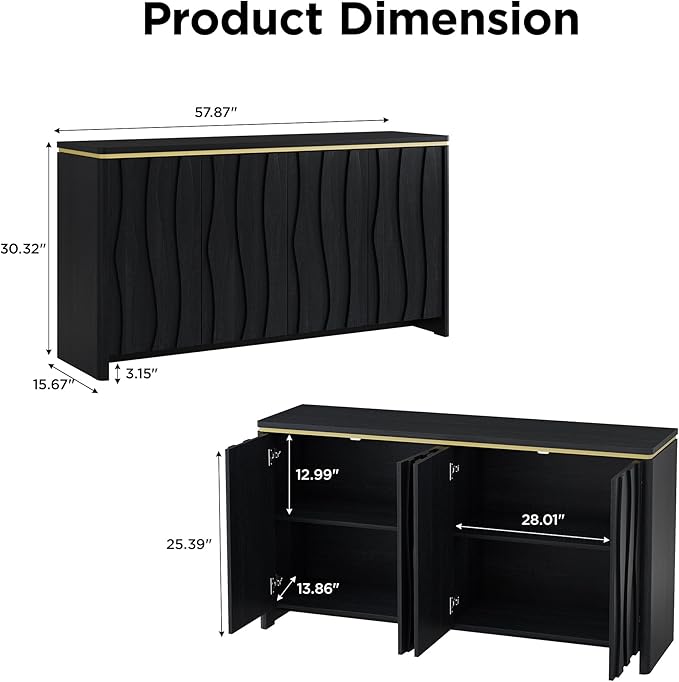 Vabches Fluted Buffet Cabinet with Storage, 3D Ripple Pattern Doors and Curved Edges, Modern Sideboard for Kitchen, Entryway, 4 Doors & Adjustable Shelf, Black, 57.9" W