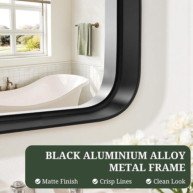 Bathroom Mirror 40x30 Inch Black Metal Frame Rectangle Vanity Mirror with Rounded Corners, Modern Wall Mounted Anti-Rust Mirror for Farmhouse, Restroom, Entryway, Horizontal or Vertical Hanging