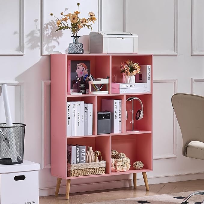 LEYAOYAO Cube Bookshelf 3 Tier Mid-Century Light Pink Modern Bookcase with Legs,Retro Wood Bookshelves Storage Organizer Shelf,Freestanding Open Book Shelves for Bedroom,Living Room,Office