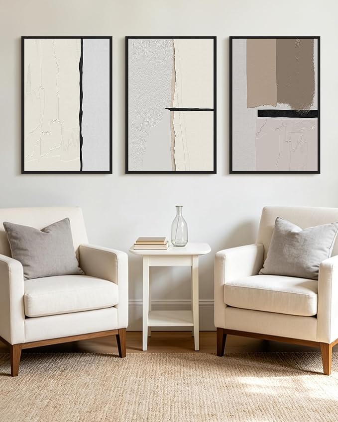 KUVIOKE Neutral Abstract Framed Wall Art Beige Mid Century Textured Wall Decor Minimalist Modern Illustrations Art Print Home Decor 24x36in (Black Framed)