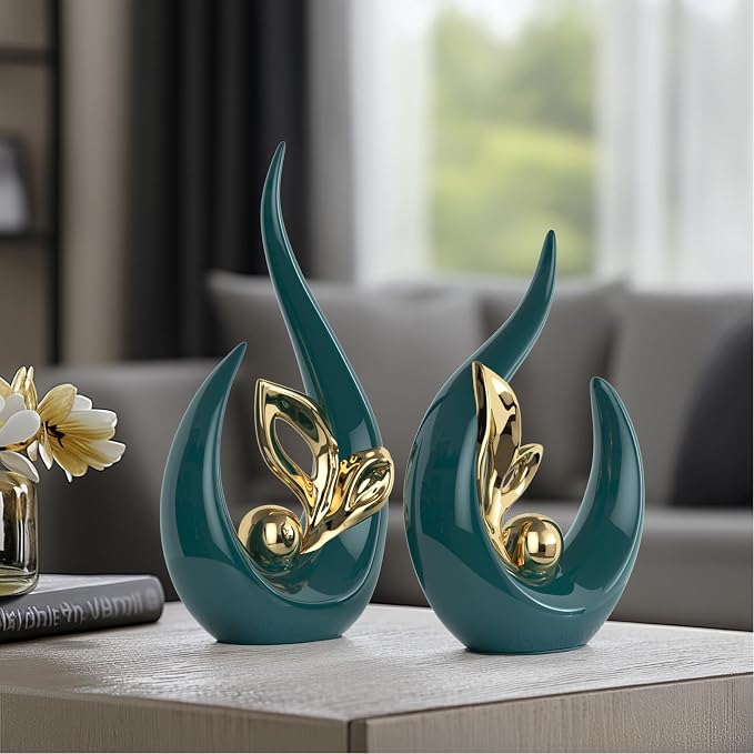 Teal Gold Home Decor Accent,Abstract Ceramic Statue and Sculptures for Living Room,Mid Century Modern Decor for Desktop Bookshelf tv Stand Fireplace Coffee Table Centerpieces Decorations