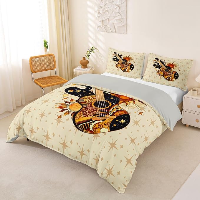 Erosebridal Boho Guitar Duvet Cover King Retro Bohemia Aesthetic Room Decor Bedding Set Trendy Celestial Sun Star Comforter Cover,Vintage Guitar Music Bed Set
