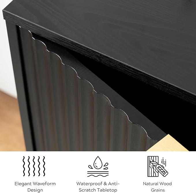 Fluted Storage Cabinet with 3 Doors, Sideboard Buffet Cabinets Adjustable Shelves, Credenza Console Table Cabinets for Living Room, Black