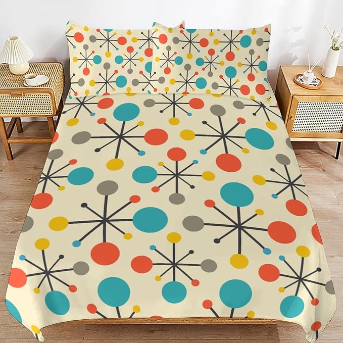 Mid Century Duvet Cover Sets Aesthetic Abstract Geometric Mid Century Retro Printed Lightweight Soft Quilt Cover Minimalist Soft Microfiber 3 Piece (1 Duvet Cover 90x90in + 2 Pillow Sham 20x30in)