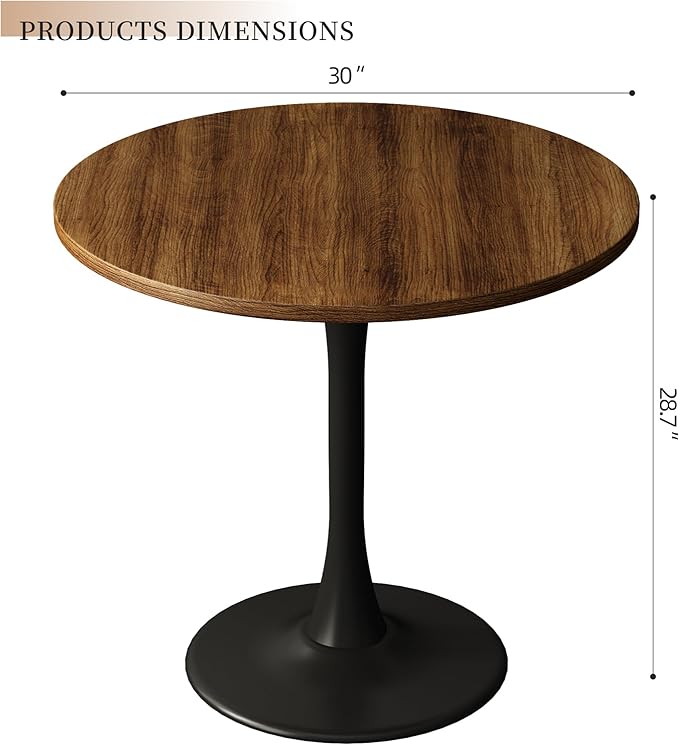 Round Dining Table 30" Circle Tulip Table with Wood Thickened Tabletop & Sturdy Metal Pedestal Mid Century Modern Farmhouse Kitchen Tables for 4 Small Places Living Room Cafe,Somber Walnut