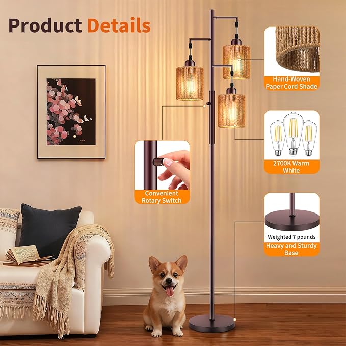 Hotsonic 72" Tall Boho Rattan Style Floor Lamp with Hand-Woven Paper Cord Shade, Dimmable Industrial Tree Standing Lamp for Living Room, Bedroom, Study Room, Office (3 x 800LM Bulbs Included) - Brown