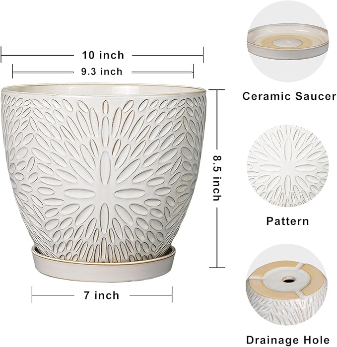 G EPGardening 10 Inch Ceramic Planter Pot with Drainage Hole and Saucer Large Plant Pot for Indoor Plants Outdoor Round Flower Pot for Home Garden Office White