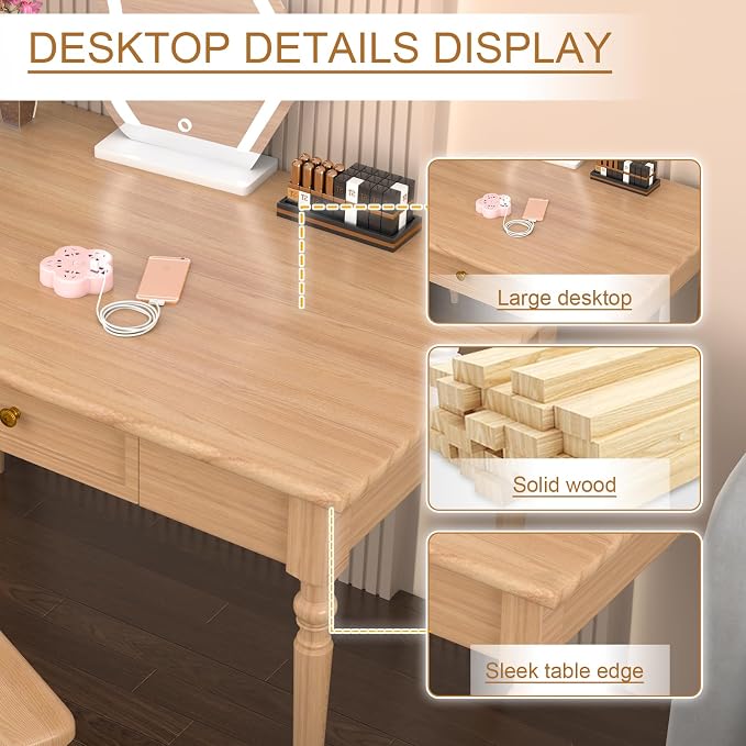 Solid Wood French Country Desk,Writing Desk with Storage Drawers,Farmhouse Computer Table Makeup Table Modern Simple Style,for Home Office Living Room Study Workspace Bedroom (Wood, 31.5IN)