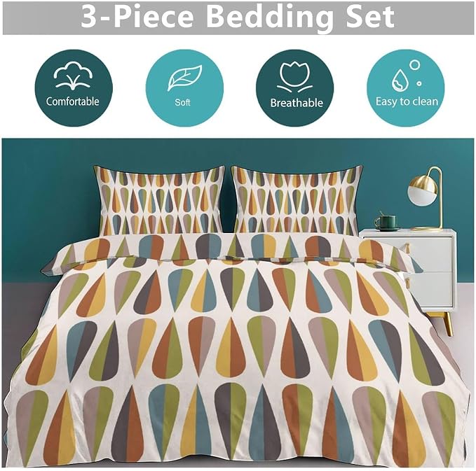 Mid Century Bedding Set,Modern Colorful bstract Geometric Drop Shapes Retro 1950s 1960s Geometry Pattern Comforter Set with Pillowcase for Bedroom Bed Decor,Full 79"x90"