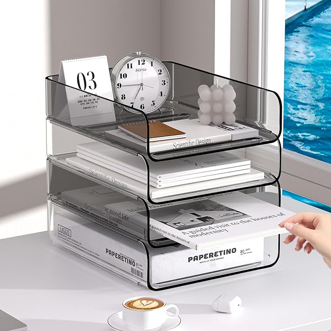 FANXIYQ 4-Tier Acrylic Paper Tray Organizer, Clear & Brown Stackable Desk Organizer for Documents, Files, A4 Paper, Mail, Books & Office Supplies, Office Classroom Home