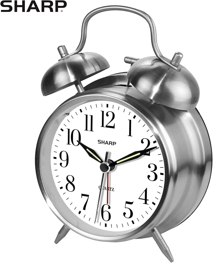 Sharp Twin Bell Alarm Clock - Loud Alarm - Great for Heavy Sleepers - Battery Operated Quartz Analog … (Brushed Silver)