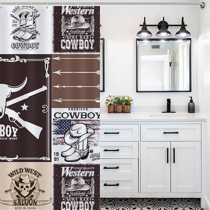 Vintage Cowboy Western Country Shower Curtain,Bull Head Boots Arrow Patchwork Design Waterproof Shower Curtains for Bathroom Decor 12 Pack Hooks 72x72in (183x183cm)