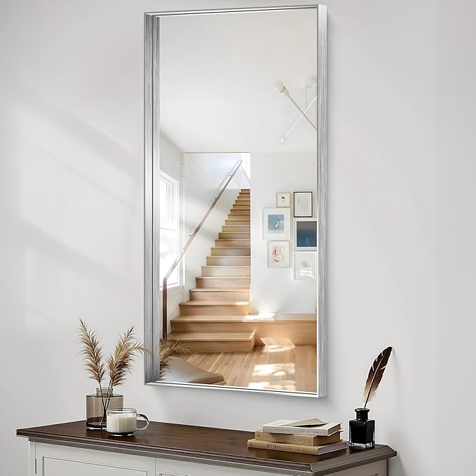 CIRCUMI Silver Bathroom Mirror, 24"x48" Rectangular Mirror with Deep Metal Frame, Brushed Finish, Tempered Glass, Large Mirror for Wall, Over 2 Sinks, Installed Vertically/Horizontally, Crystal-Clear