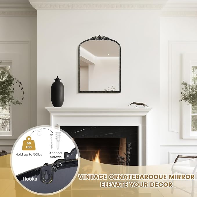WallBeyond Black Vintage Mirror for Vanity 22x30 Inch, Black Antique Mirror with Ornate Frame, Arched Vintage Wall for Bathroom, Living Room, Fireplace, Entryway