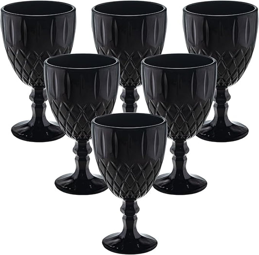 Black Vintage Wine Glasses Set of 6, 11 Ounces Colored Glass Water Goblets, Colorful Unique Embossed Pattern High Clear Stemmed Glassware Wedding Party Bar Glass Drinking Cups Fancy Glasses