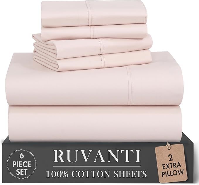RUVANTI 100% Cotton Percale Sheets Queen Size 6 Piece Set, Cooling Bed Sheets for Hot Sleepers, Deep Pocket 16”, Breathable Lightweight & Durable, Crisp Hotel Style Sheets, Blush Pink