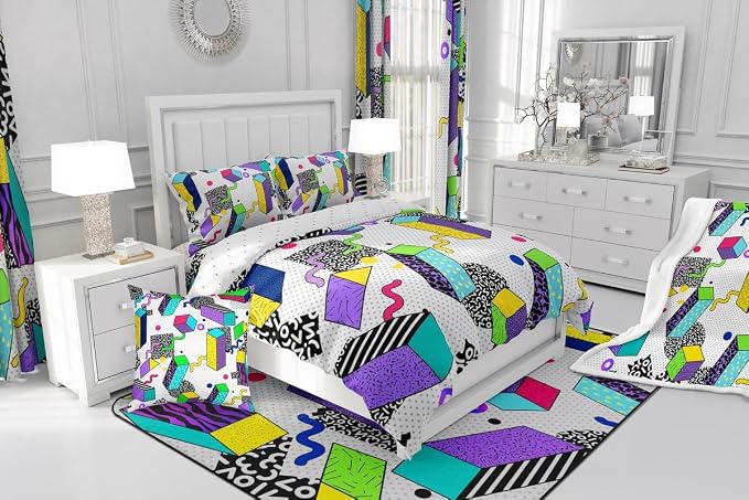 80s 90S Fashion Style Bedding Set Queen Size,Retro Memphis Style Pattern with Geometrical Shapes Duvet Cover for Kids Child,Funky Hipster Old Fashioned Comforter Cover Triangle Geometric Decor