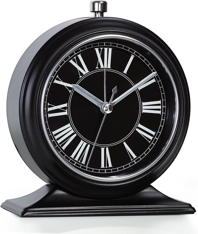 AYRELY® 4-inch Battery Operated Alarm Clock Silent Analog Desk Clocks with Light Vintage Metal Table Clock for Living Room Shelf Bedside Home Decor (Black-Roman)