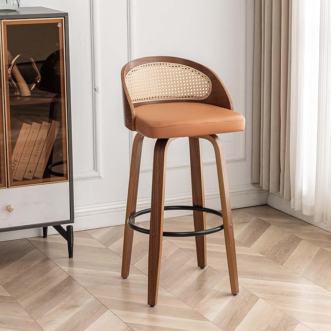 30" Swivel Rattan Bar Stools,Mid-Century Modern Faux Leather Upholstered Bar Height Stools Kitchen Island Barstool with Rattan Low Backrest,Walnut Wood Finish Bar Chairs,Orange PU,1PCS