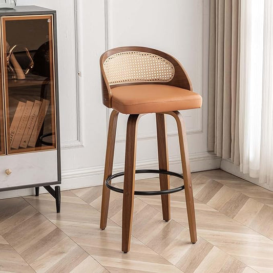 30" Swivel Rattan Bar Stools,Mid-Century Modern Faux Leather Upholstered Bar Height Stools Kitchen Island Barstool with Rattan Low Backrest,Walnut Wood Finish Bar Chairs,Orange PU,1PCS
