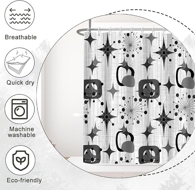 Mid Century Shower Curtain, 72x84inch, Modern Abstract Retro Grey Striped Geometric Shower Curtain Sets 1950s Boho Bathroom Shower Curtain with 12 Hooks