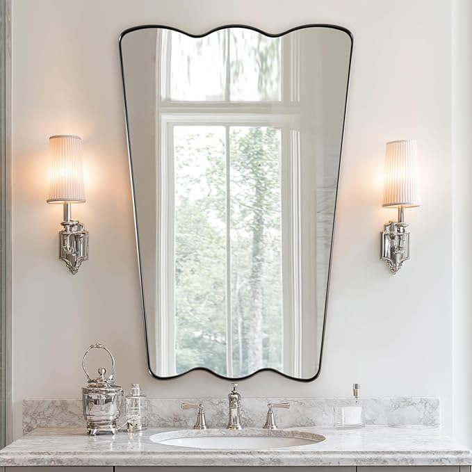 ANDY STAR 24x36 Brushed Nickel Scalloped Bathroom Mirror, Unique Irregular Wall Mirror, Rustproof Stainless Steel Wavy Metal Frame for Contemporary Bathroom Decor
