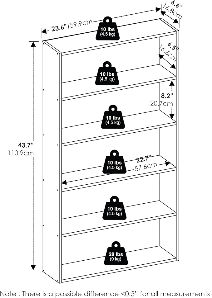 Furinno Basic Book Shelf, 5-Tier Bookshelf, Storage Organizer Bookcase with Open Shelf, 7 x 24 x 44, for Living Room, Bedroom, Home Office, White