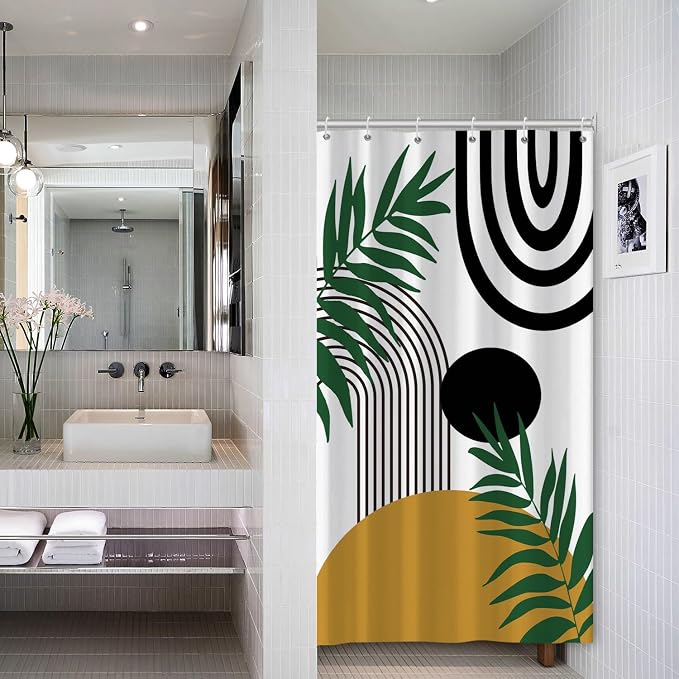 Boho Mid Century Shower Curtain Bohemian Abstract Modern Sun Bathroom Curtain Geometric Arch Curve Leaves Polyester Shower Curtain Sets for Bathroom Extra Long 54x72 in with 10 Hooks