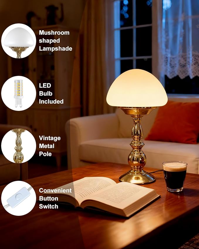 Lightdot Mushroom Lamp Set of 2(Gold & Black) Mid Century Modern Table Lamp 3000K Warmwhite Vintage Cute Small Nightstands Bedside Lamps for Bedroom Living Room Home Office