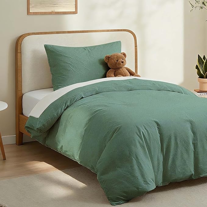 LOVQUE 100% Washed Cotton Duvet Cover Twin Size, Mint Green Fade-Resistant Natural Bedding Set (No Comforter), 68x90 Inches