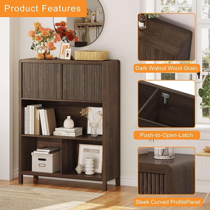 FATORRI Cube Bookshelf with 2 Doors, 4 Tier Wooden Bookcase, 5 Cube Storage Organizer for Home Office (Dark Walnut)