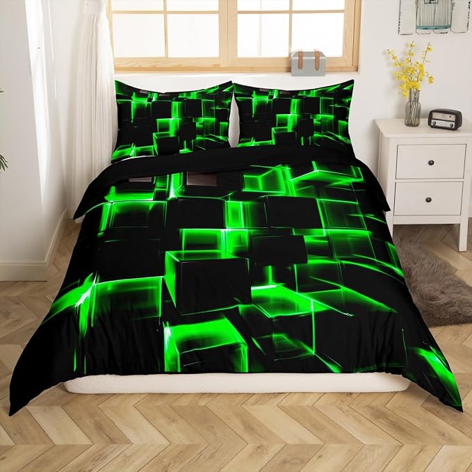 Erosebridal Honeycomb Bedding Sets Queen Size, 3D Modern Abstract Square Grid Duvet Cover for Kids Girls Boys Green Neon Light Geometric Print Bed Set Bedroom Decor, 3 Pieces