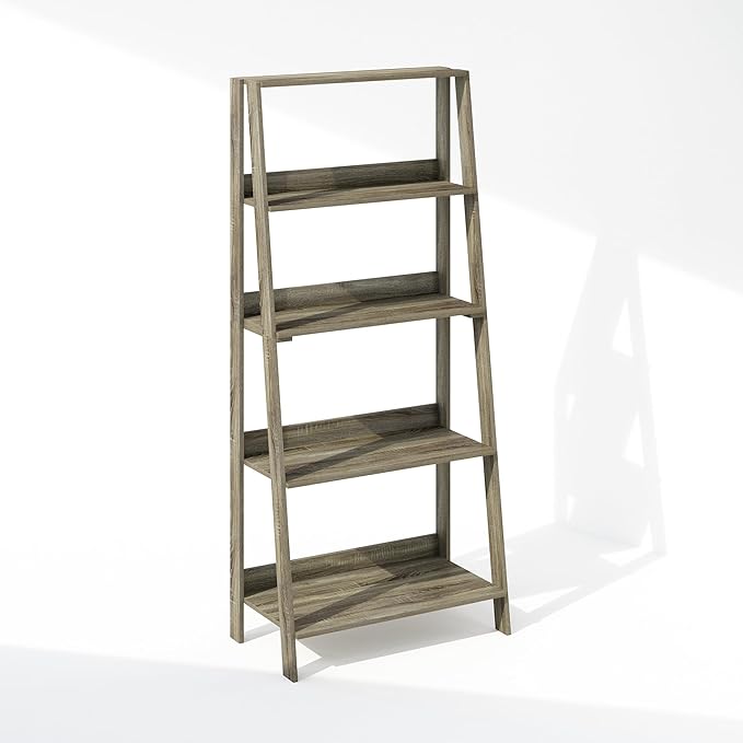 Furinno Ladder Display Shelf, 5-Tier Ladder Shelf, Standing Bookshelf, Display Storage Shelves, 13 x 23.6 x 53.5, for Living Room, Home Office, French Oak