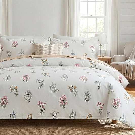 100% Washed Cotton Duvet Cover Queen Size - Linen Like Reversible Durable Soft Floral Duvet Cover Sets, 3 Pieces White Comforter Cover with Zipper Closure