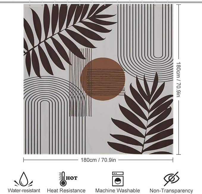 Mid Century Abstract Boho Shower Curtain Geometric Neutral Beige Modern Leaf Plant Semicircle Art Waterproof Shower Curtains for Bathroom Decor 12 Pack Hooks 72x72in (183x183cm)