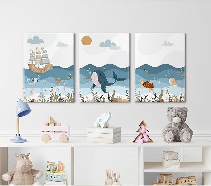 Ocean Nursery Wall Art Pictures Blue Nautical Canvas Art Beach Animal Wall Decor Baby Boys Room Wall Art Sea Whale Prints Ocean Nautical Poster for Nursery Baby Room 16x24 Inch Set of 3 Framed