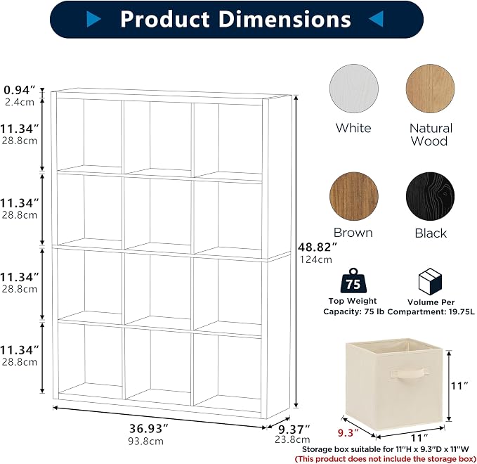 12 Cube Storage Organizer, Wooden Cube Shelf Bookcase with Reinforced Thick Shelves, Heavy-Duty 36.93" L x 9.37" W x 48.82" H, for Living Room Bedroom Home Office, Natural-Oak