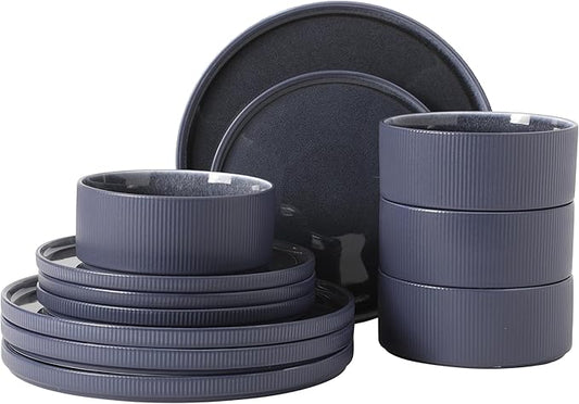 Gibson Elite Redrock Canyon 12-Piece New Bone China Dinnerware Set Service for 4, Reactive Glaze Plates and Bowls, Dishwasher and Microwave Safe, Navy Blue