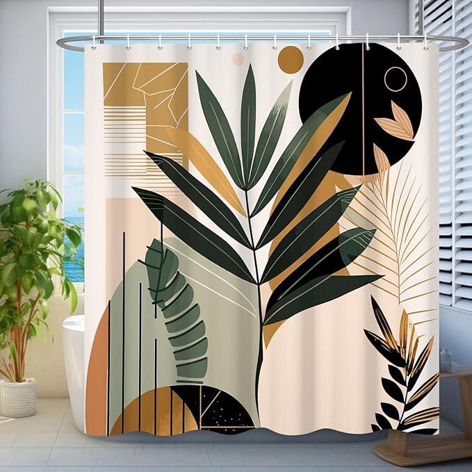 Boho Shower Curtain Mid Century Style Plant Leaves Bathroom Curtain Modern Abstract Graphic Waterproof Fabric Decor Shower Curtain with Hooks 72x72 Inch