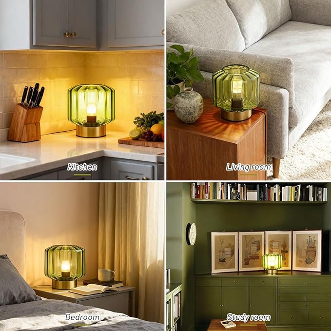 Glass Table Lamp of 2 Touch Table lamp Mid Century Modern lamp Gold Desk lamp nightstand lamp Green Glass Table Lamps Small Table Light for Bedside end Table Bedroom Living Room Office