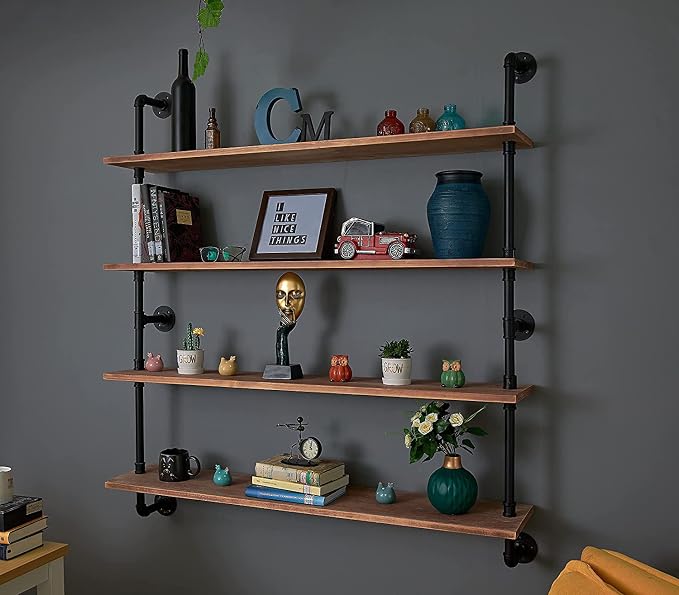 HDDFER Floating Bookshelf Shelves Industrial Pipe Shelving Floating Pipe Shelf with Wood Planks 48 inch Industrial Wall Shelves Rustic Hanging Bookshelf Farmhouse Kitchen Shelving
