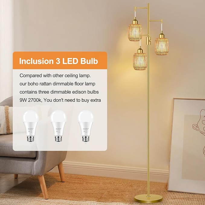 ZECOXOL Boho Floor Lamp for Living Room Bedroom-3 Light Dimmable Floor Lamp with Three Led Bulb & 3 Color Temperatures, Rustic Tall Lamp Gold Standing Lamp Tree Floor Lamps for Living Room