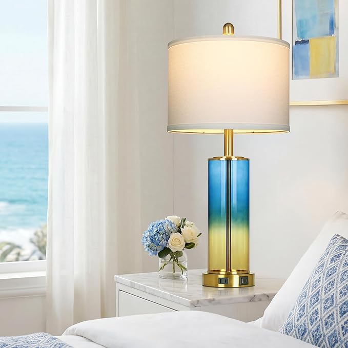 Ruzectt 26" Blue and Gold Glass Lamps Set of 2, 3-Way Dimmable Touch Coastal Bedroom Table Lamp with USB C+A Ports & AC Outlet, Elegant Brass Living Room Lamp, Nautical Bedside Lamps for Night Stands