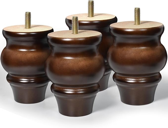 Furniture Legs, Wood Sofa Legs, Turned Couch Legs, Round Furniture Feet for Dresser, Sideboard, Recliner, Coffee Table (Dark Brown, 4 inch)